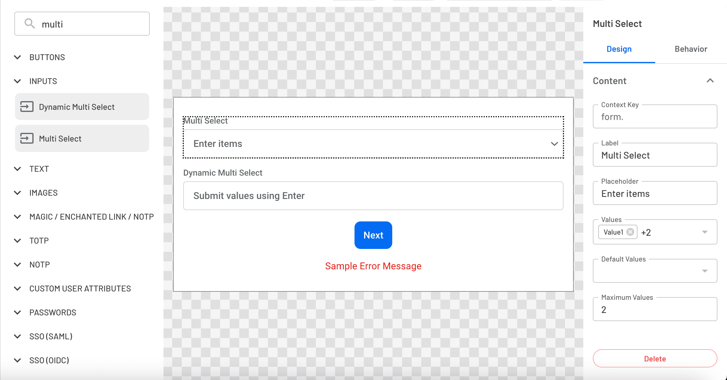 multi select component in Descope screen