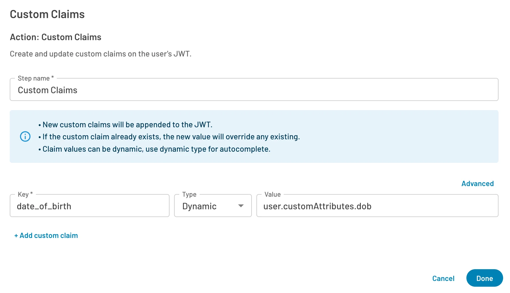 Picture of custom claims used with OIDC