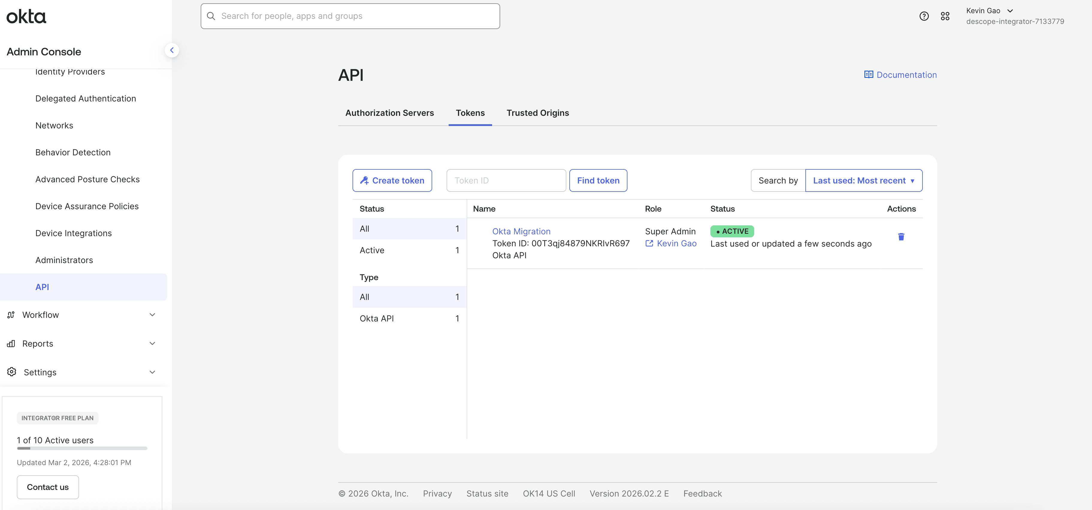 Okta Admin Console - Security > API > Tokens
