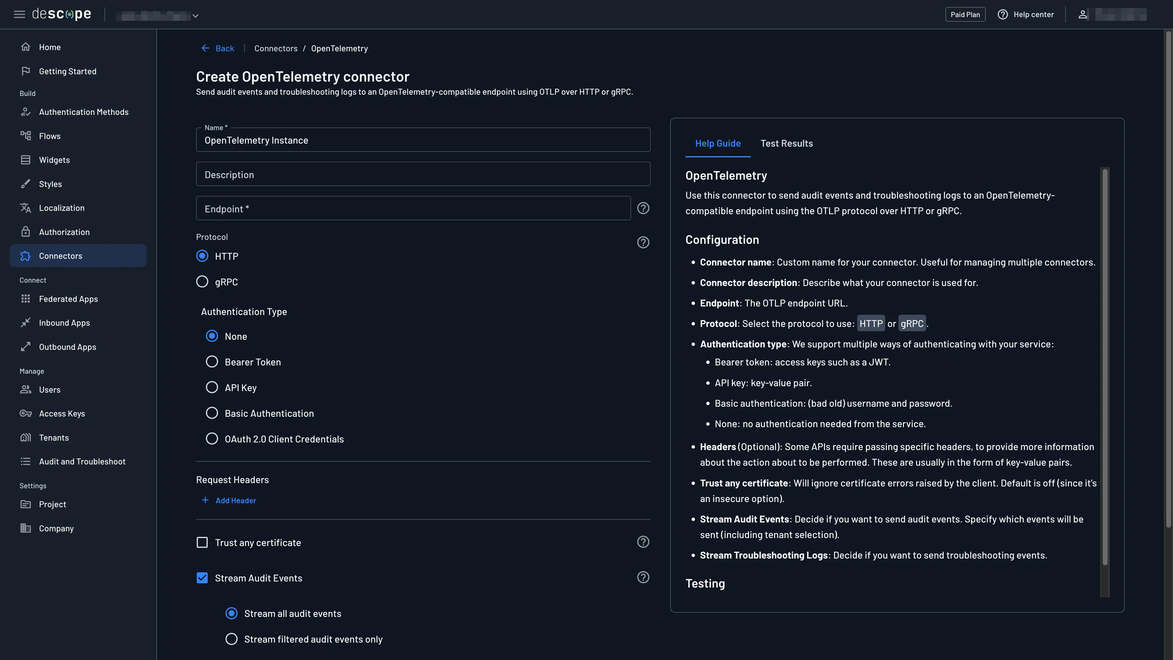 Open Telemetry connector setup