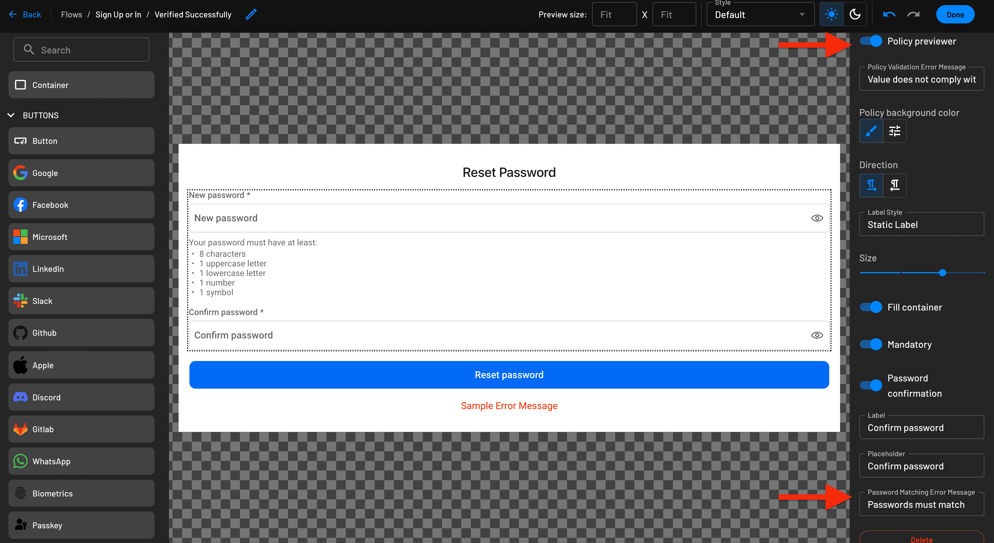 Configuring password validation error message