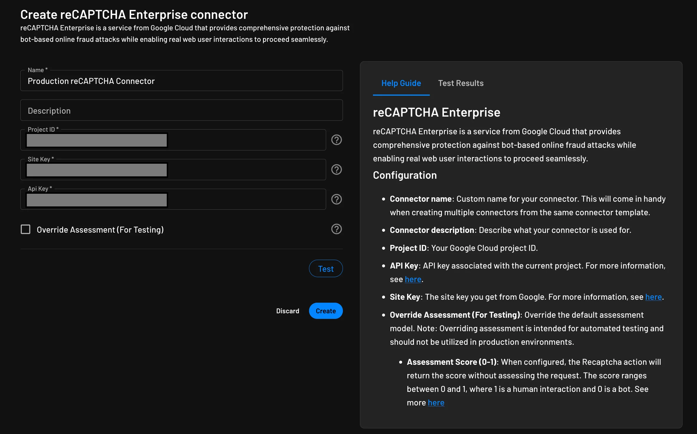 reCAPTCHA Enterprise connector creation