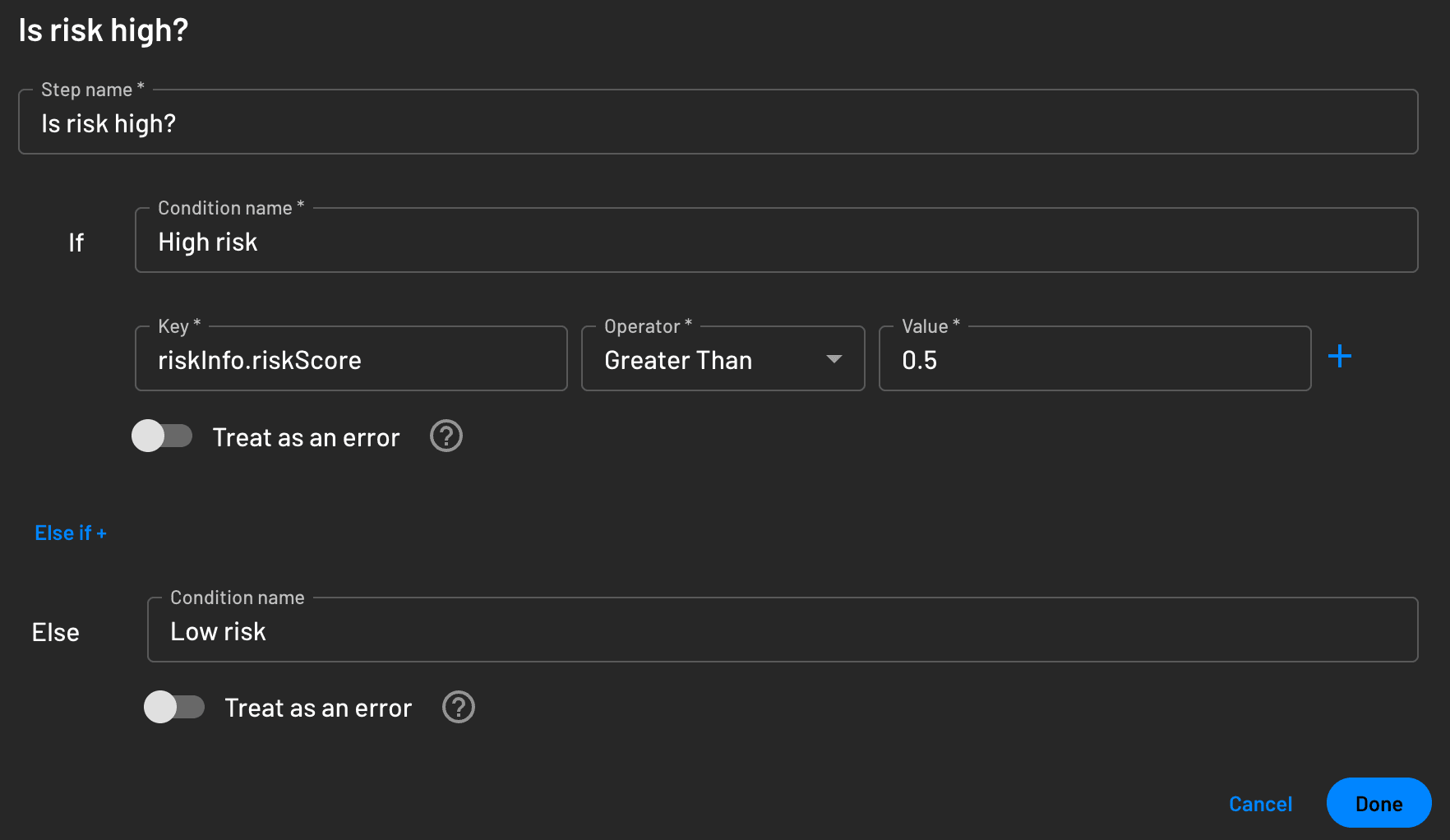 Risk score example in condition in a flow