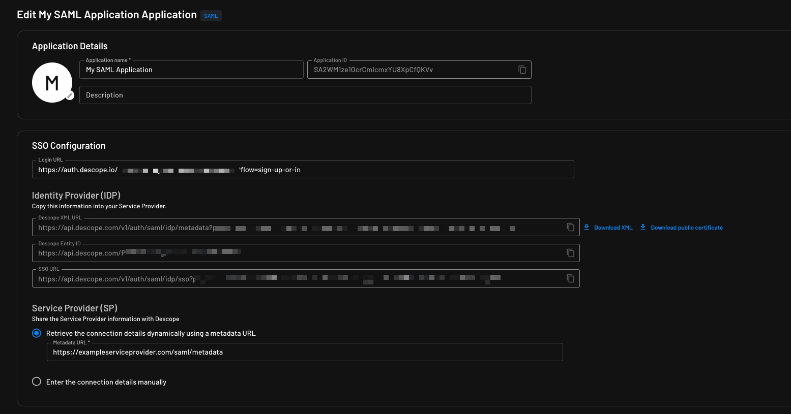 Configuring the service provider's metadata URL for a SAML Application within Descope