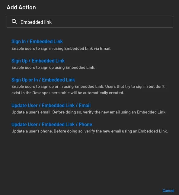 Searching for embedded link actions within Descope flows