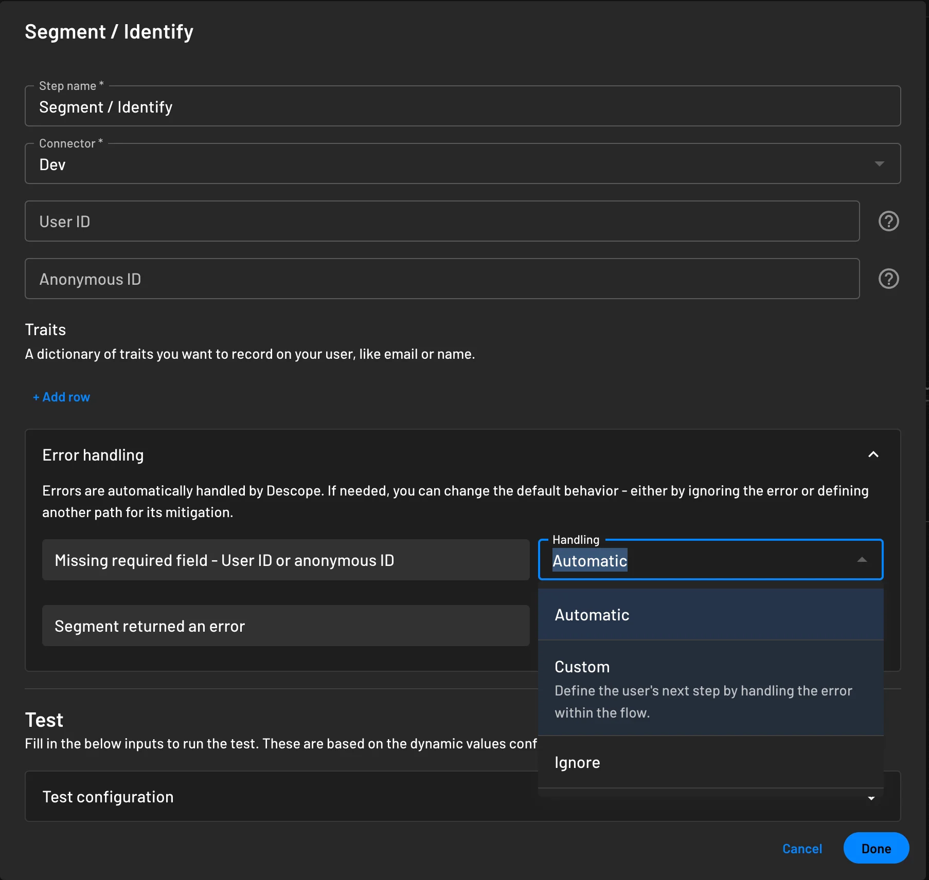 Descope example segment connector error handling configuration within flow