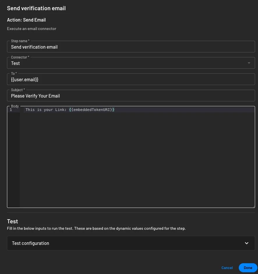 Add send email action for embedded link  within Descope flows