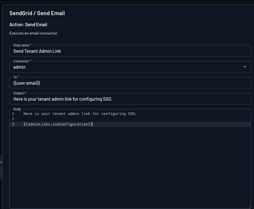 Sending the Descope SSO Setup suite link within a messaging connector action.