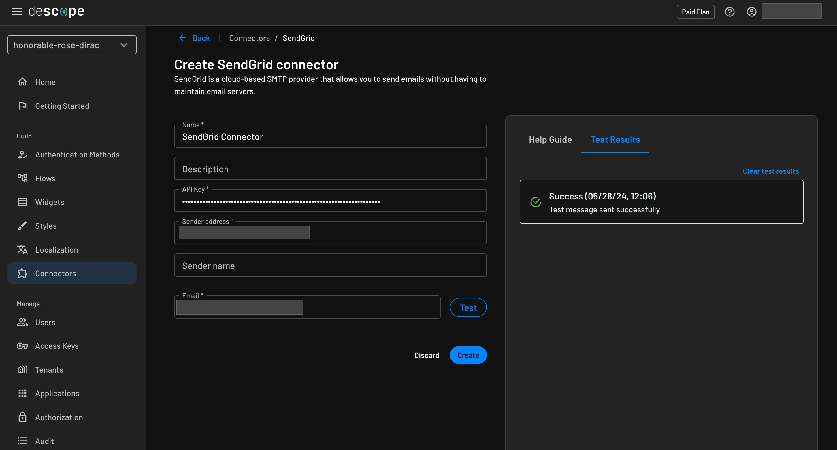 Descope example sendgrid connector configuration