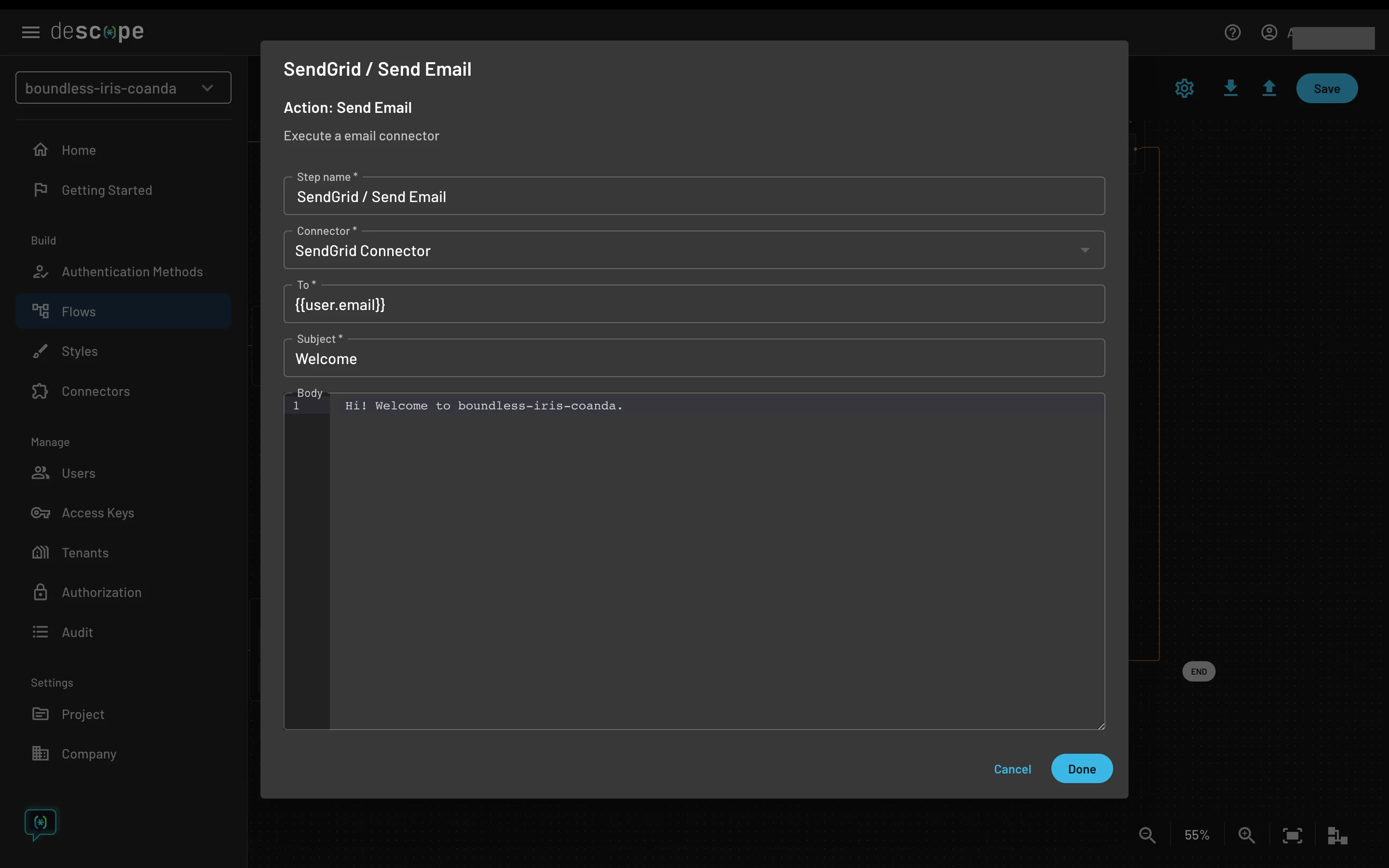 Descope example sendgrid connector configuration within flow