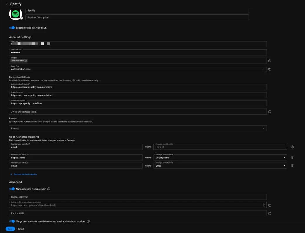 Custom Spotify OAuth provider configured within Descope