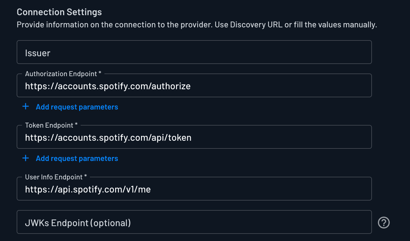 Custom Spotify OAuth provider connection settings configured within Descope