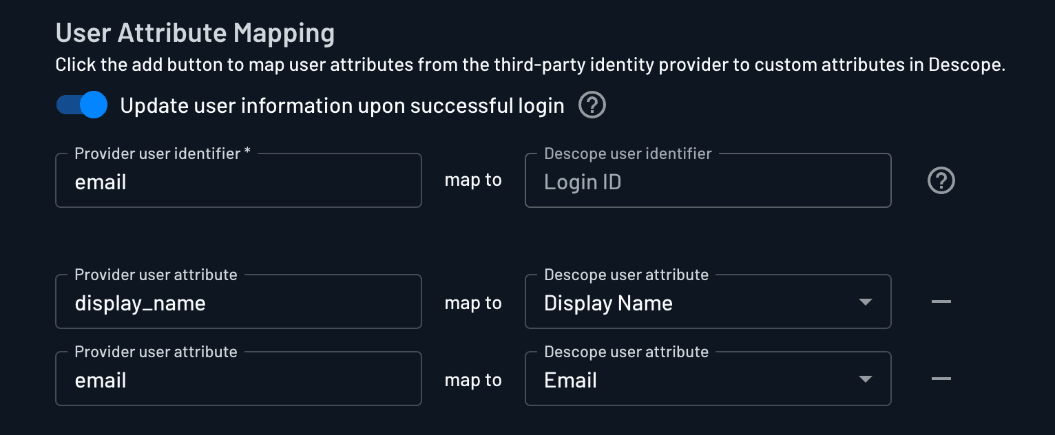 Custom Spotify OAuth provider user attribute mapping configured within Descope