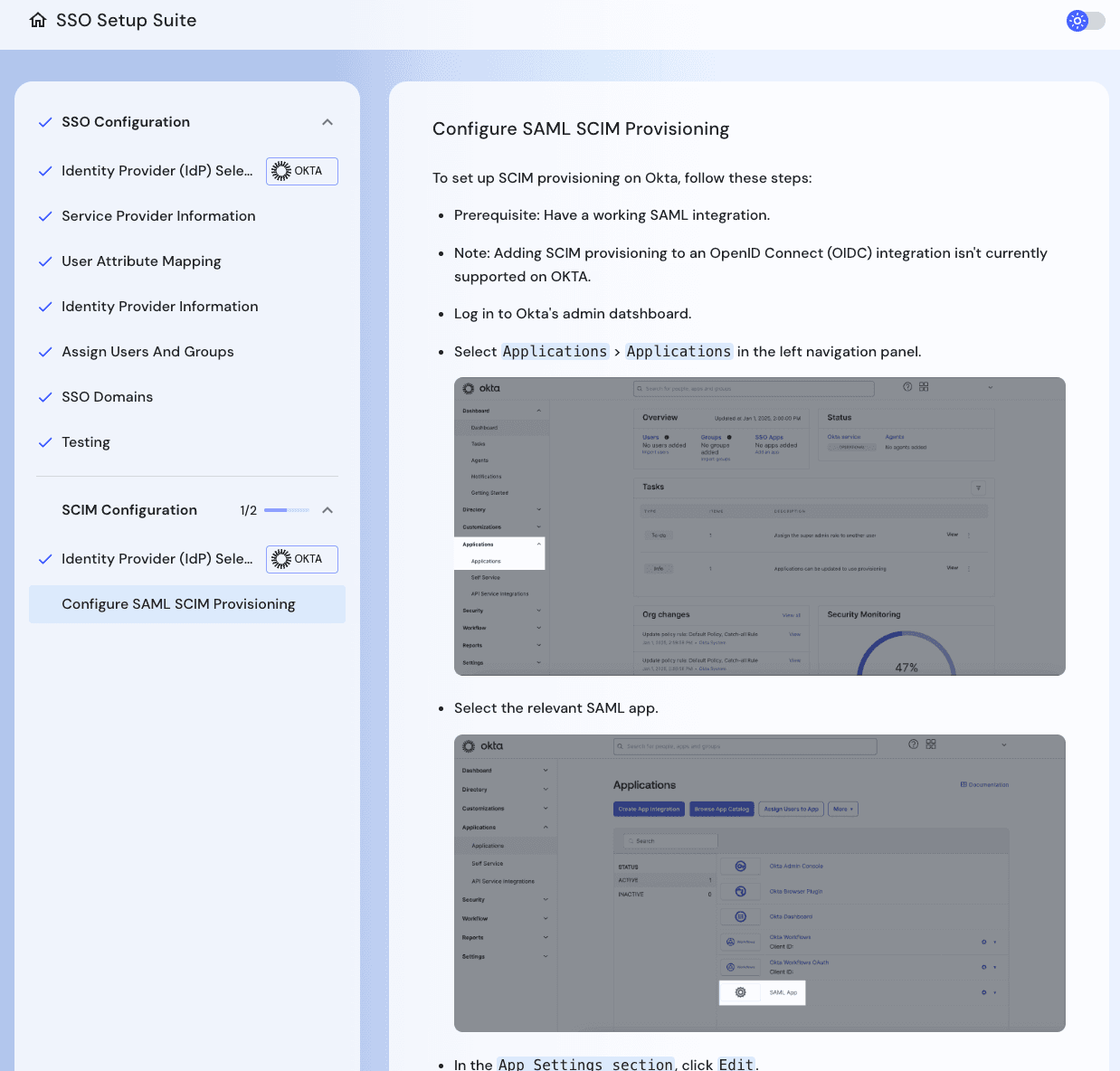 Using the Descope SSO Setup Suite to configure SCIM application within the IDP.