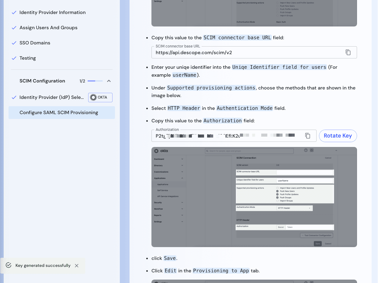 Using the Descope SSO Setup Suite to generate SCIM provisioning URL and authorization bearer.