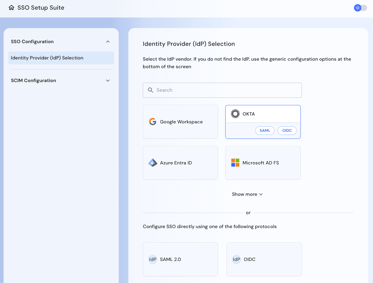 Using the Descope SSO Setup Suite to select IdP provider.