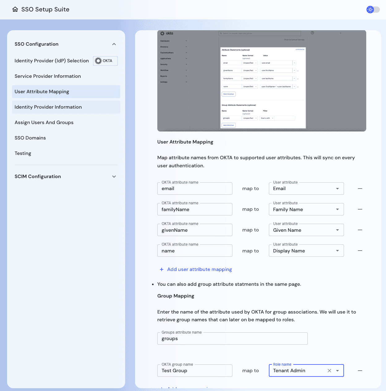 Using the Descope SSO Setup Suite to configure the user and group mapping.