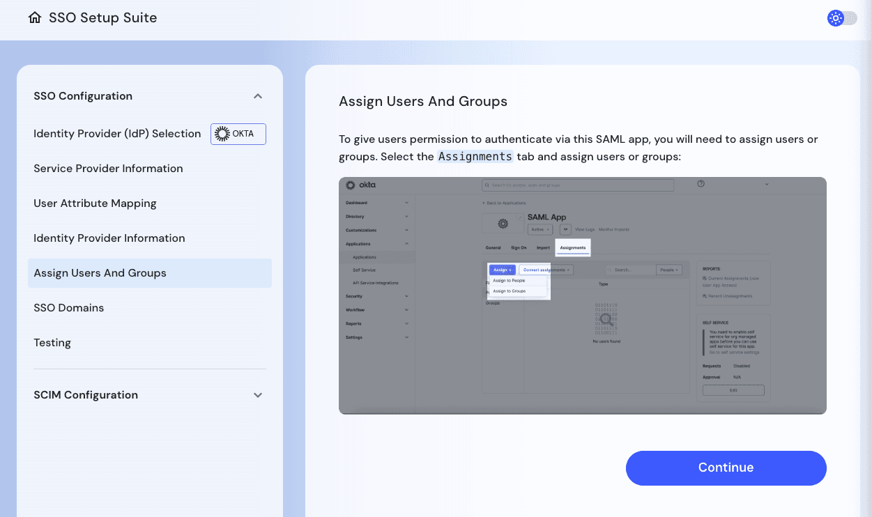 Using the Descope SSO Setup Suite to assign users and groups within the IdP Application.