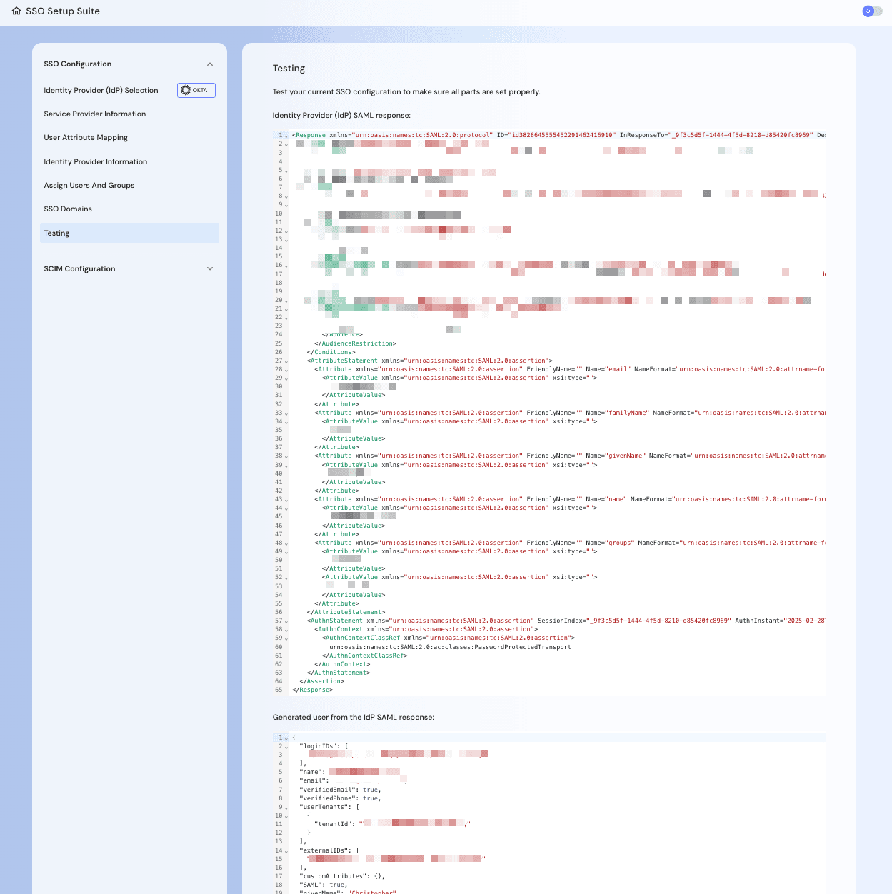 Using the Descope SSO Setup Suite to test the IdP configuration and user creation.