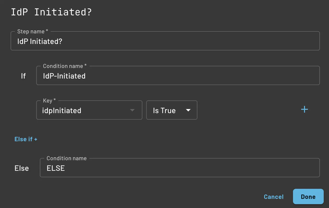 The configuration of the IdP-Initiated conditional flow item with Descope for IdP-Initiated Authentication