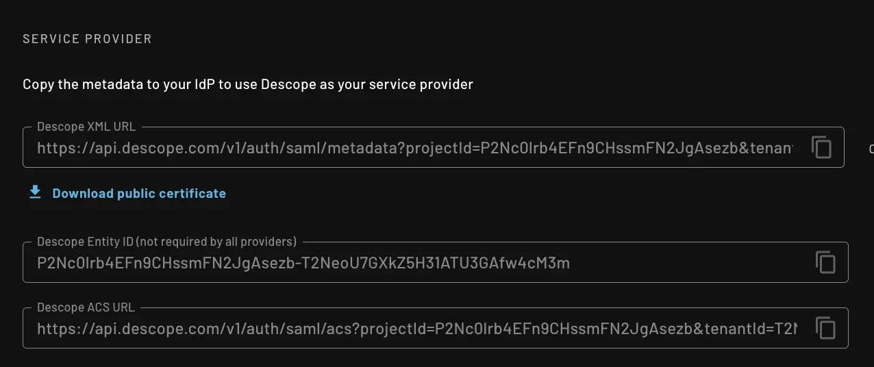 This image shows the Descope ACS URL with regards to IdP-Initiated Authentication