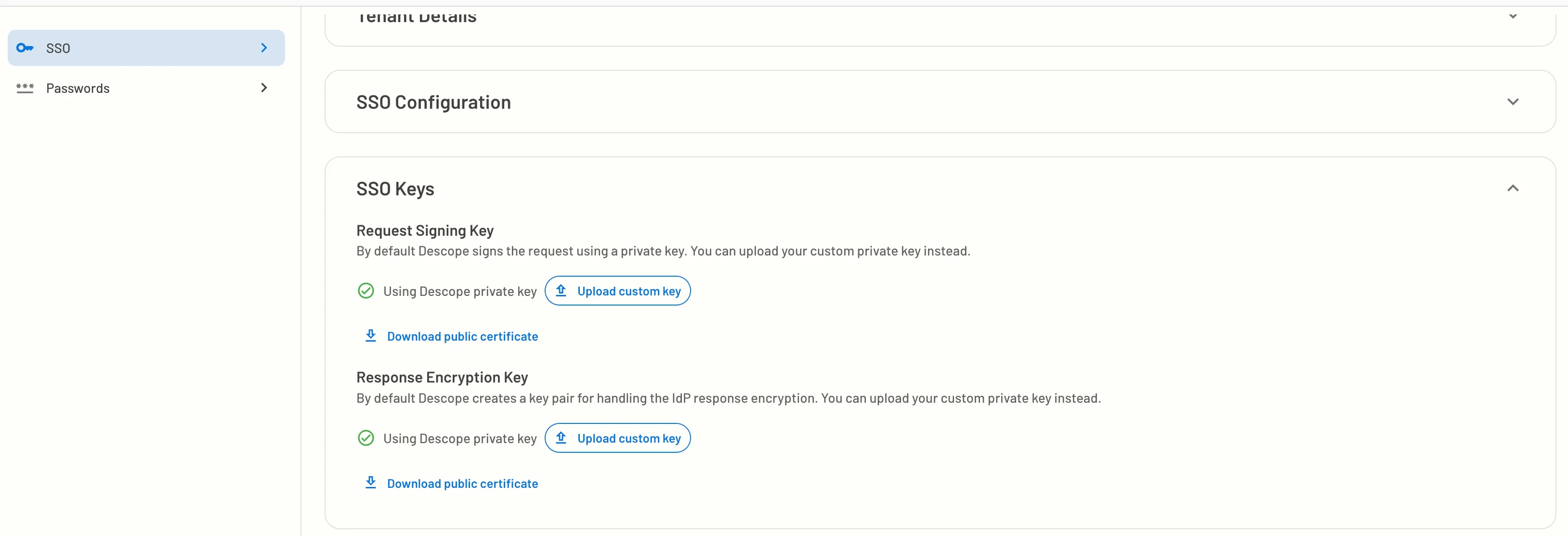 Descope SSO SAML keys section