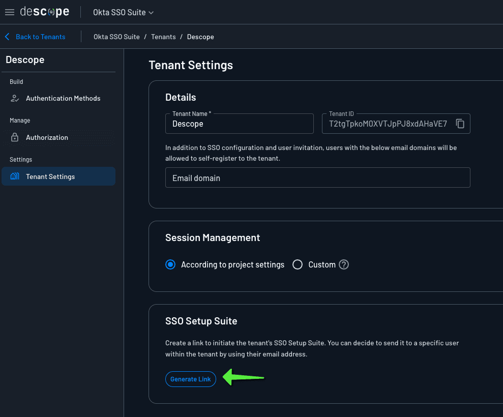 Generating the Descope SSO Setup suite link within the tenant console.