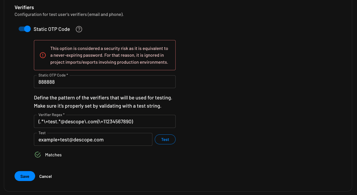 Static OTP for test user with regex for verifier