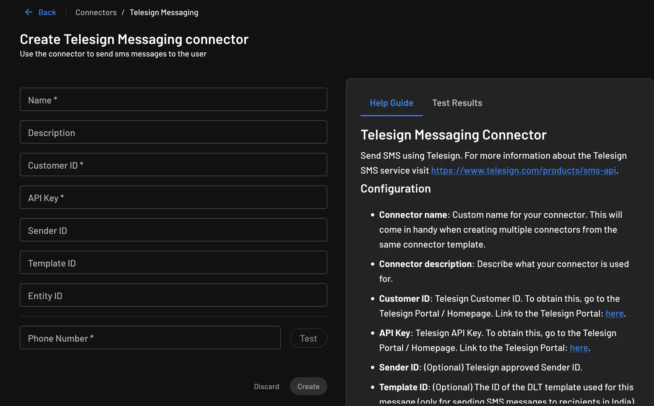 Telesign Messaging connector initialization