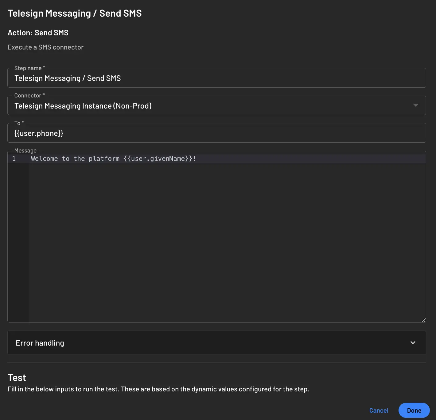 Telesign Messaging connector widget input