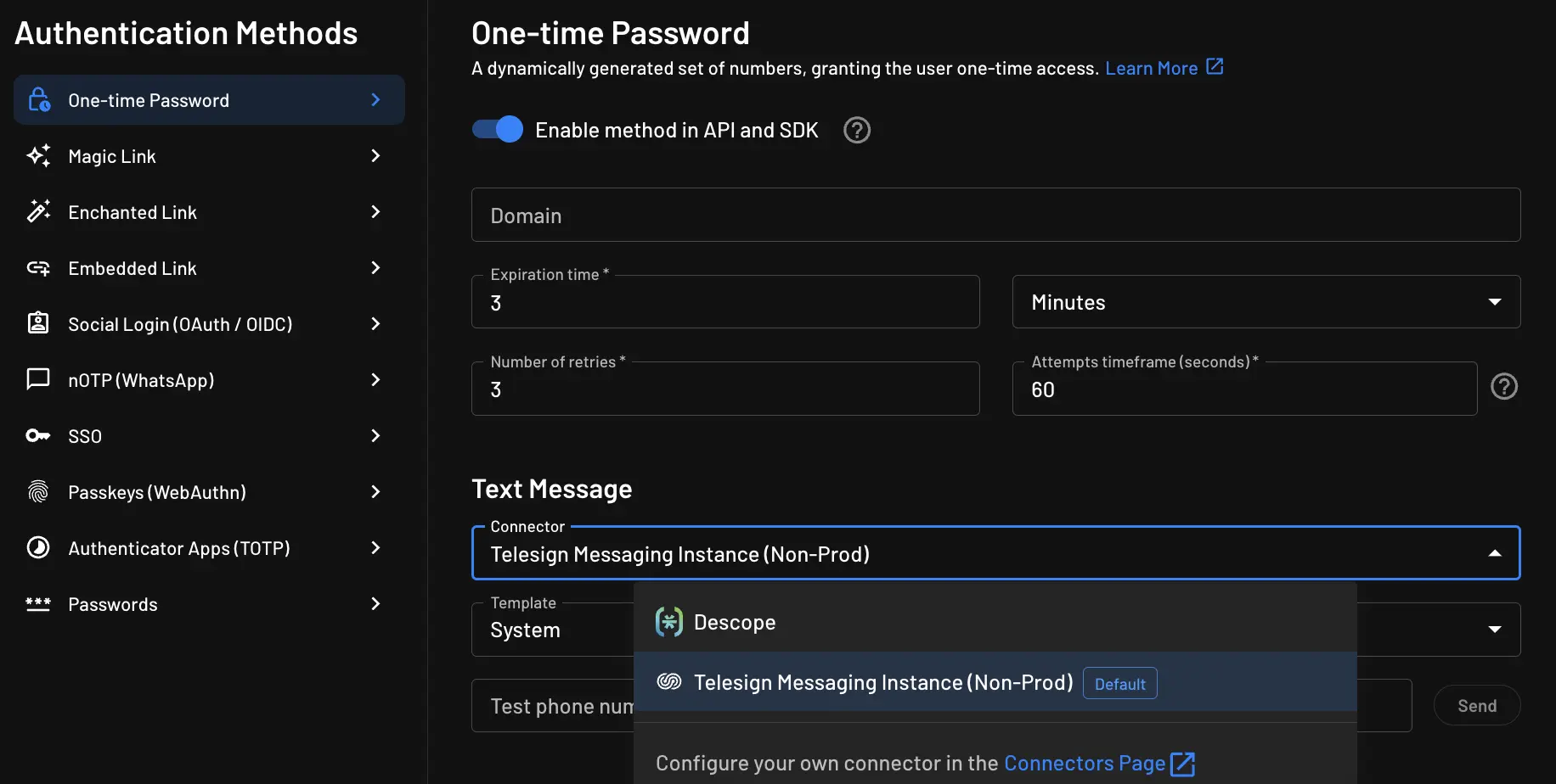 Configuring Telesign Messaging as the default OTP connector within Descope Authentication Methods