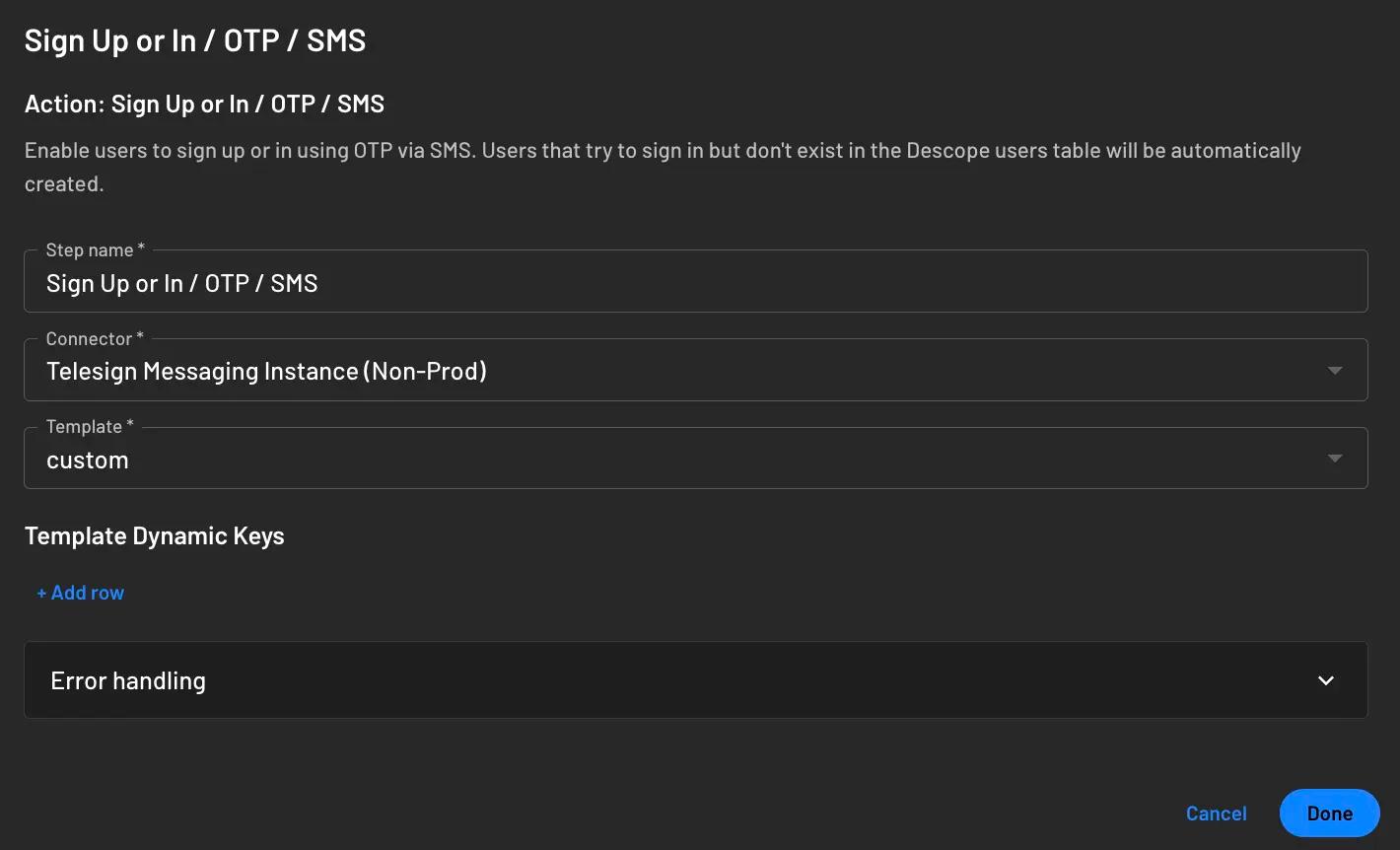 Configuring Telesign Messaging as the OTP connector to be used within Descope flow actions