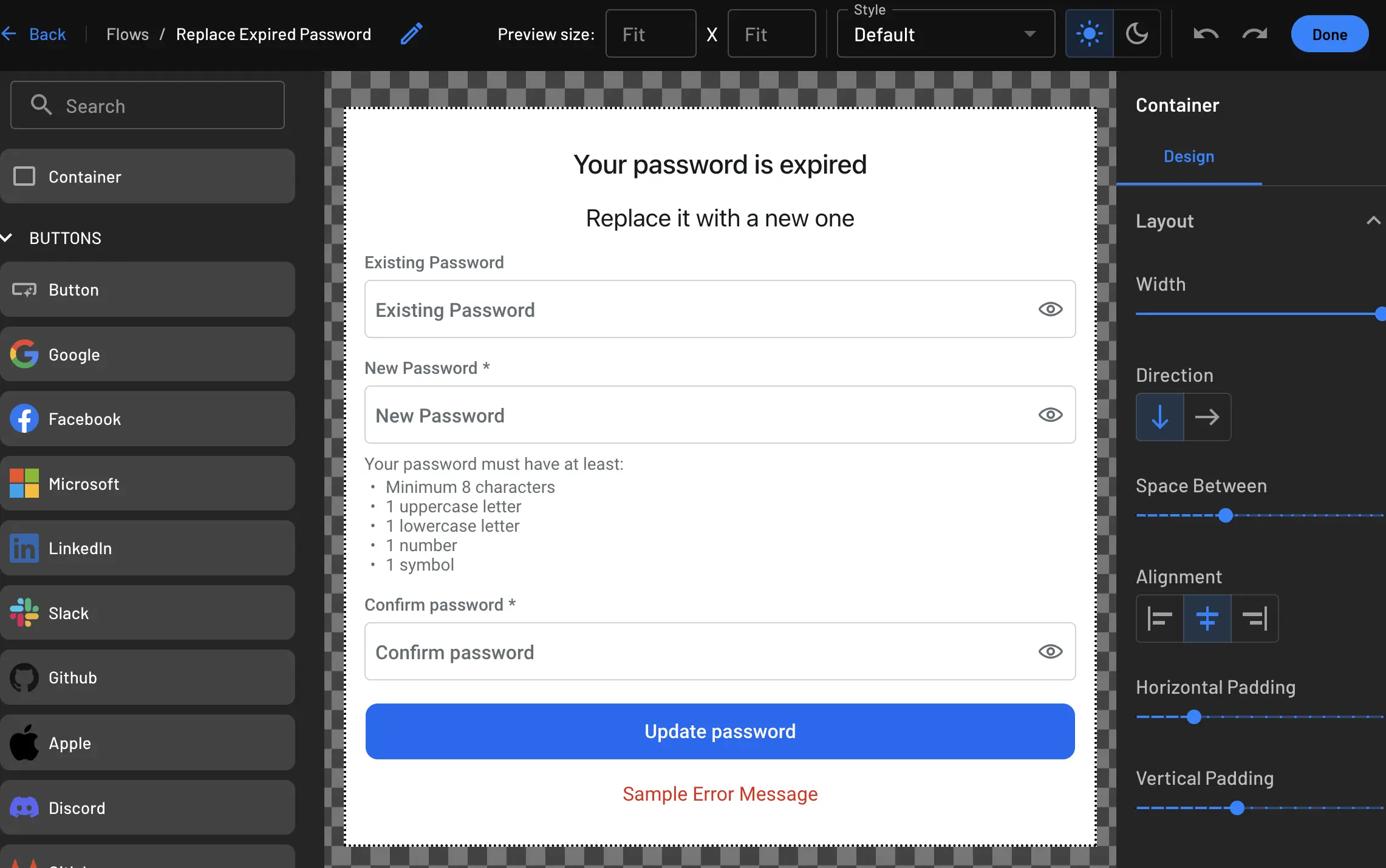 Password reset screen