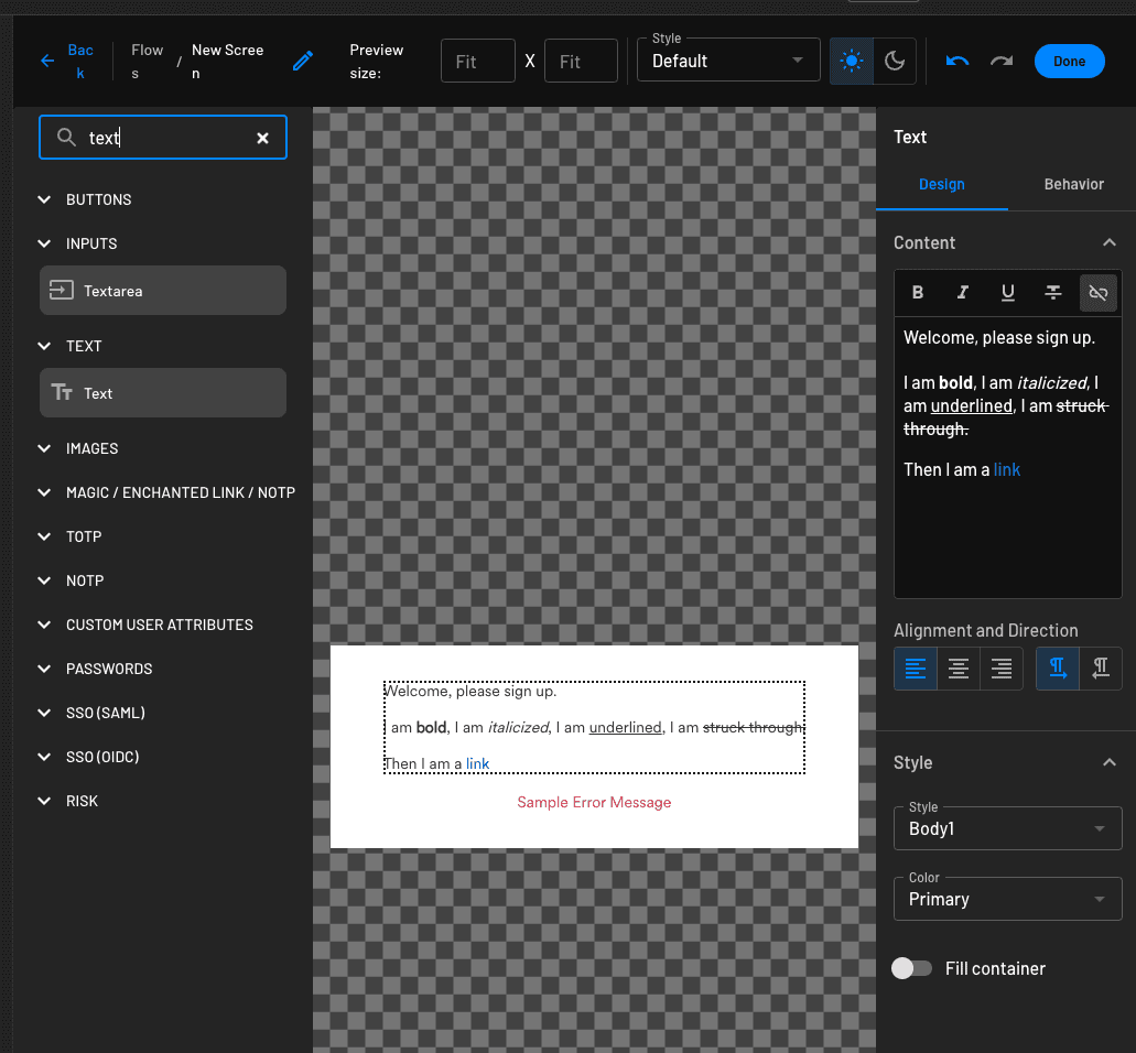 Example of a configured Descope text field in a screen