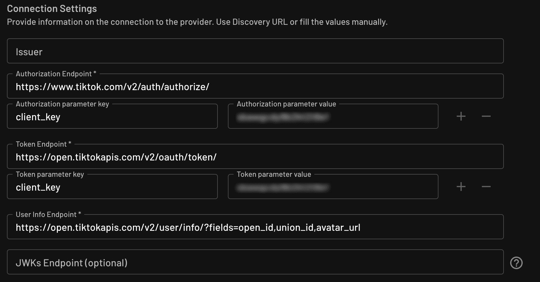 Custom TikTok OAuth provider connection settings configured within Descope