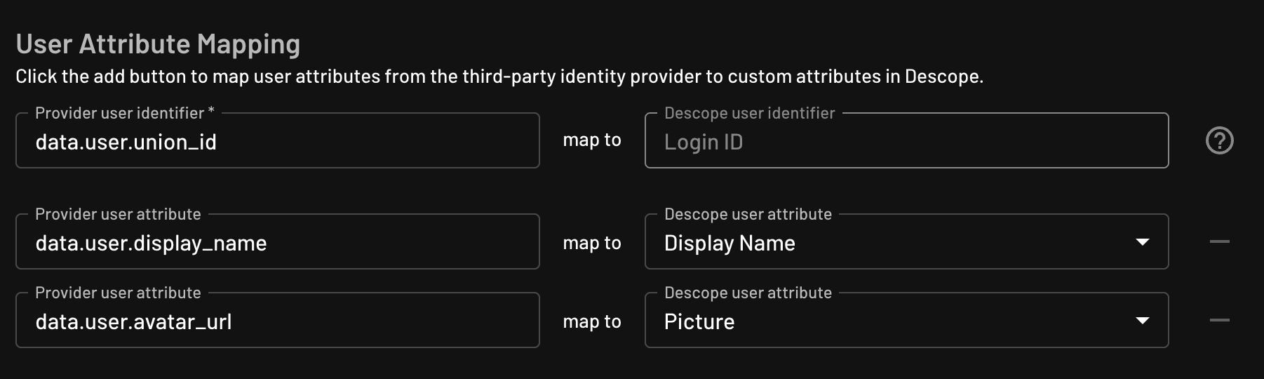 Custom TikTok OAuth provider user attribute mapping configured within Descope