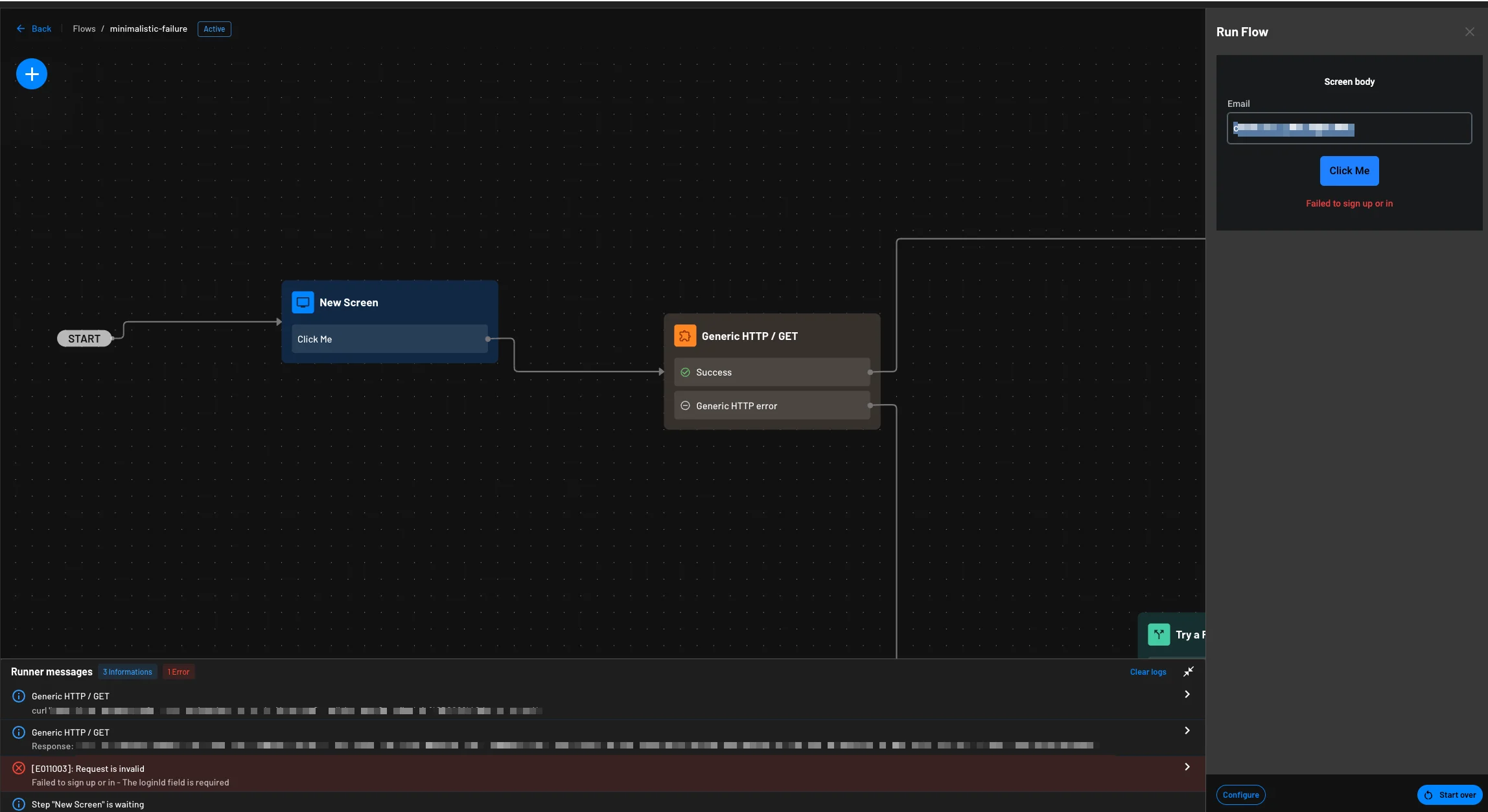 Example of how to use the Descope flow runner messages for flow debugging