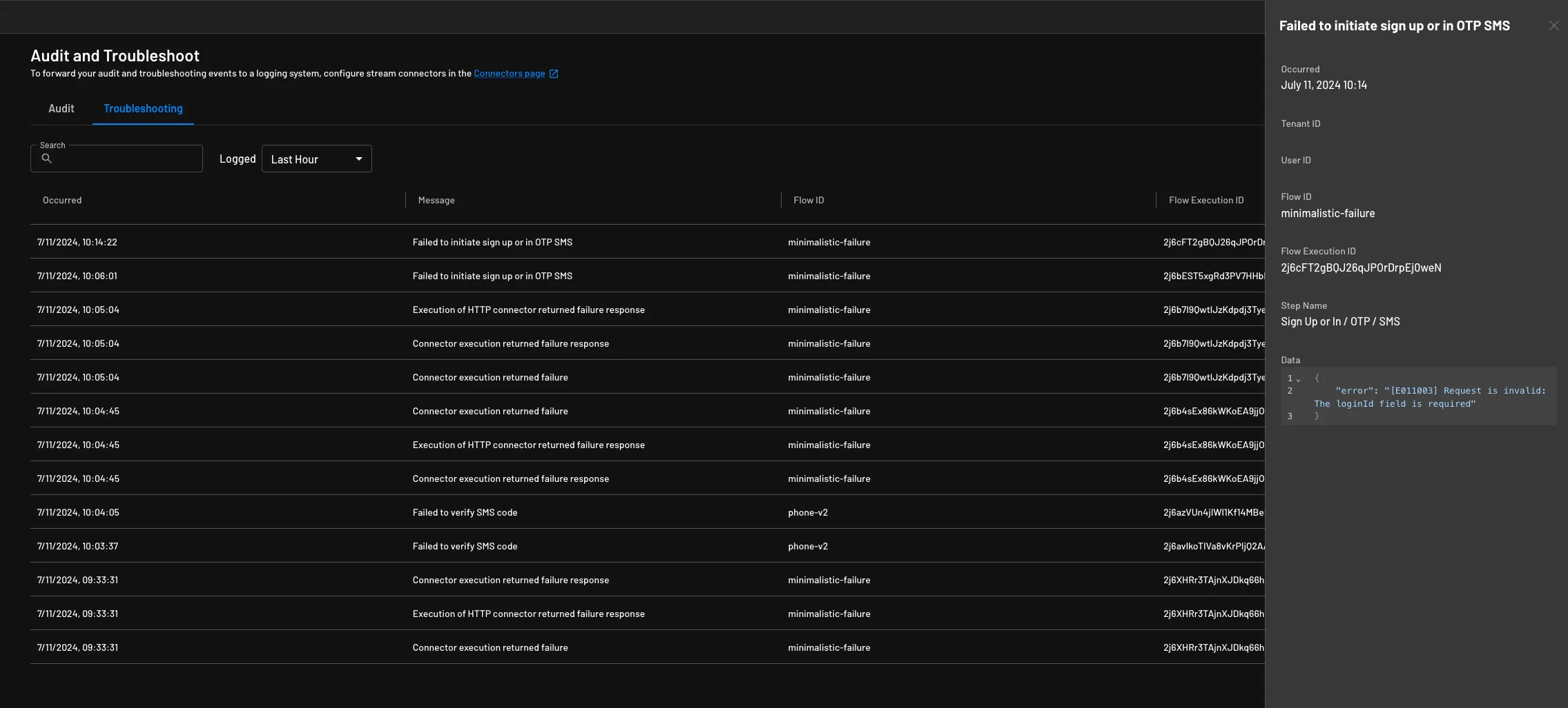 An example of the details logged to the troubleshooting logs within Descope