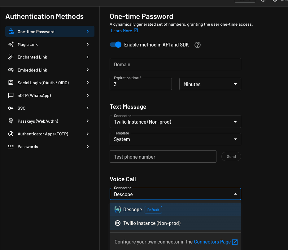 Configuring Twilio as the default OTP connector within Descope Authentication Methods