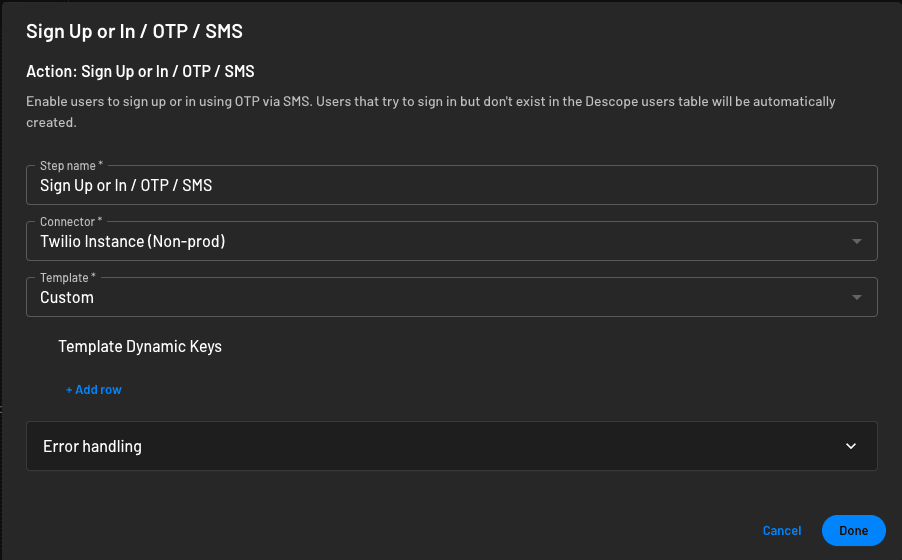 Configuring Twilio as the OTP connector to be used within Descope flow actions