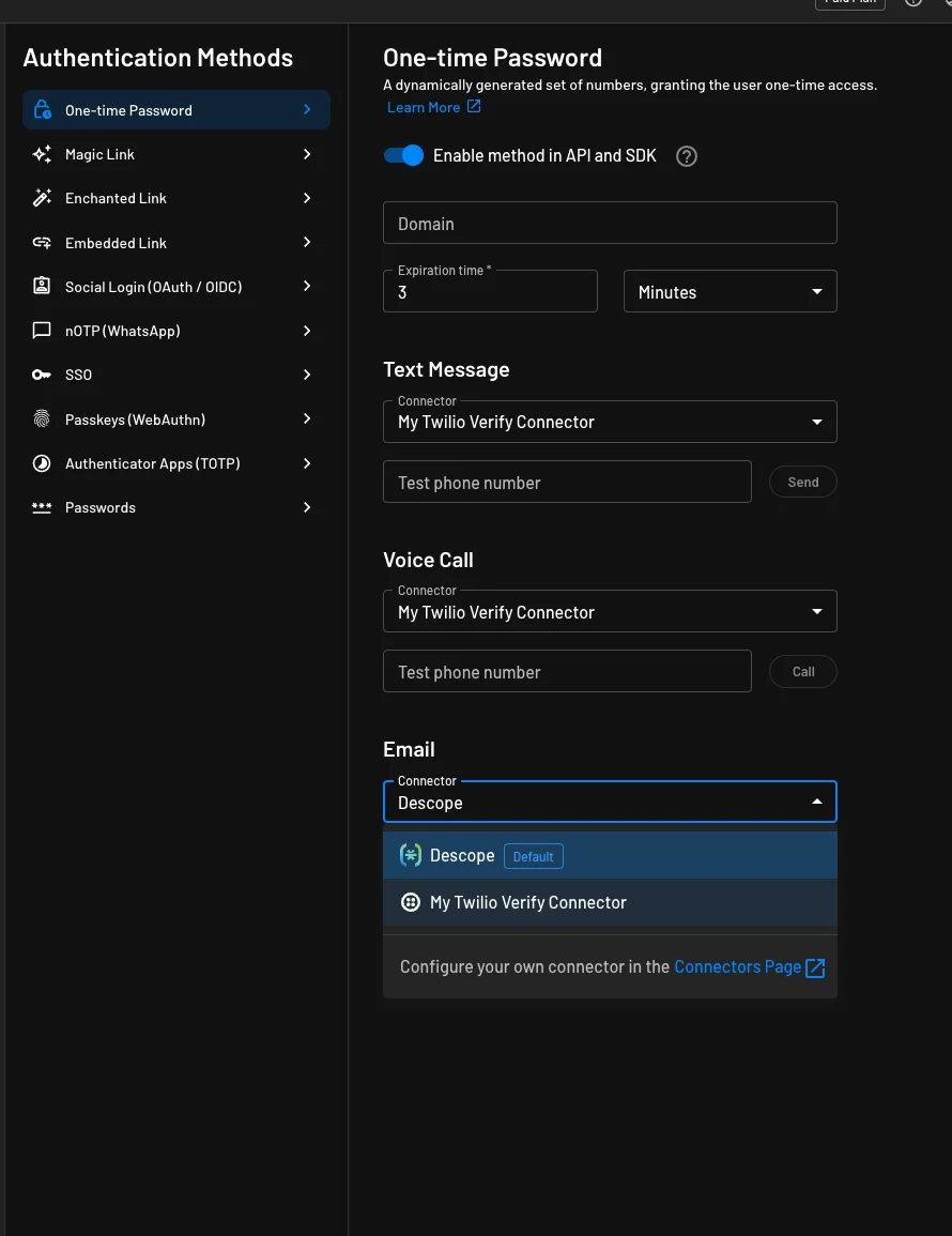 Configuring Twilio Verify as the default OTP connector within Descope Authentication Methods