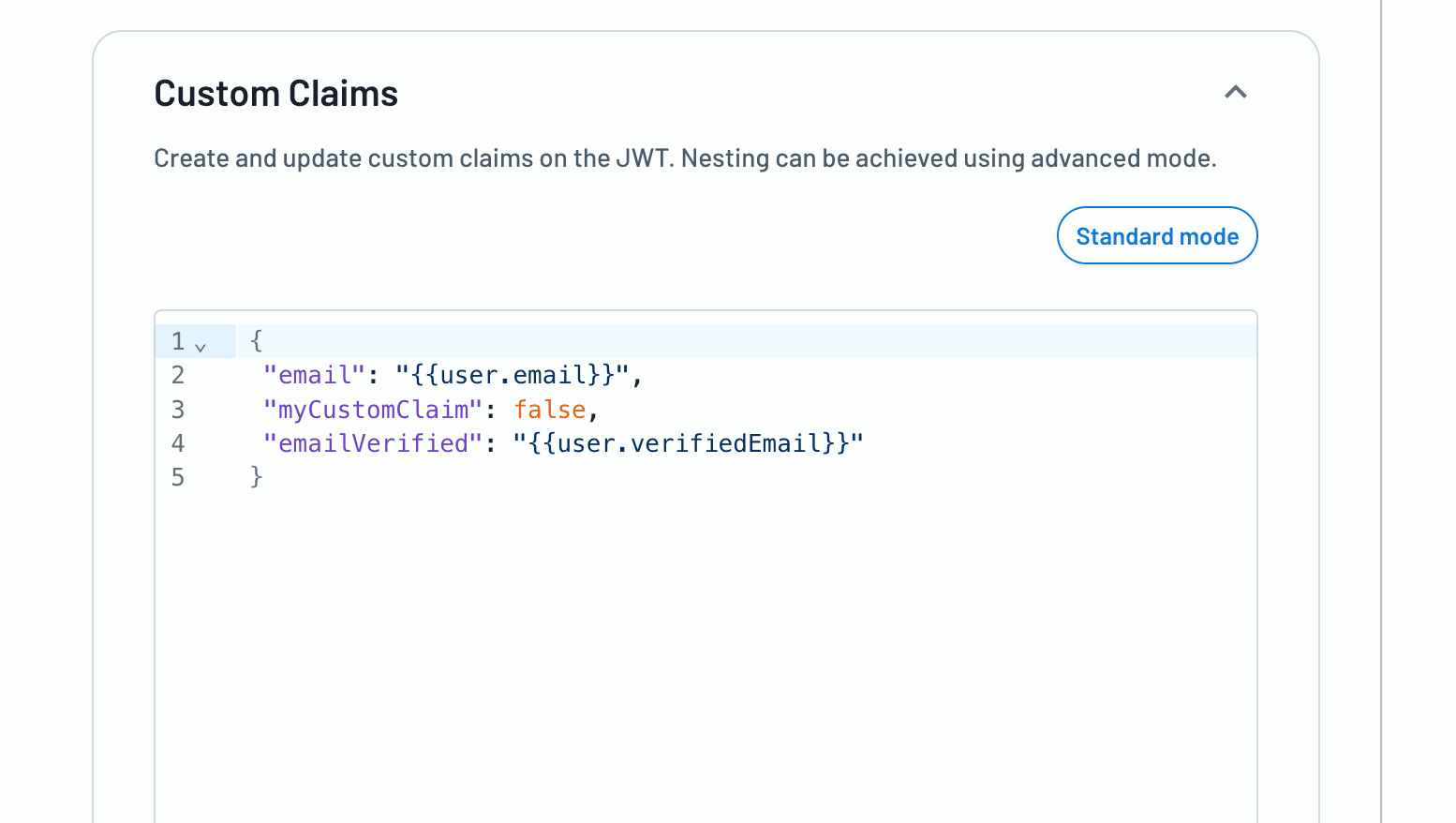 Custom claims configuration in advanced mode on user JWT Template within Descope