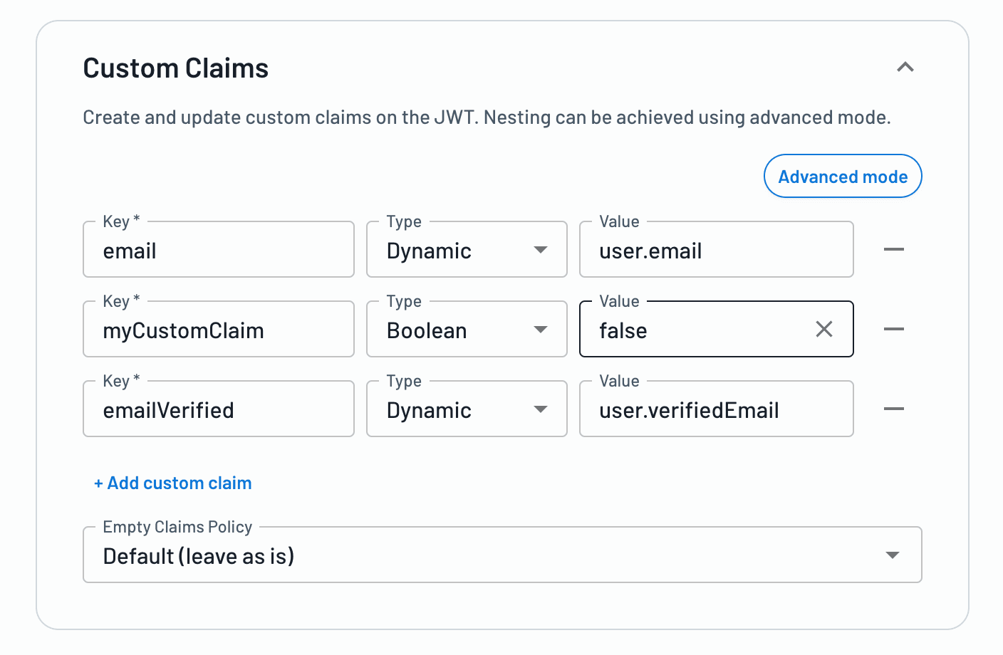 Custom claims configuration in simple mode on user JWT Template within Descope