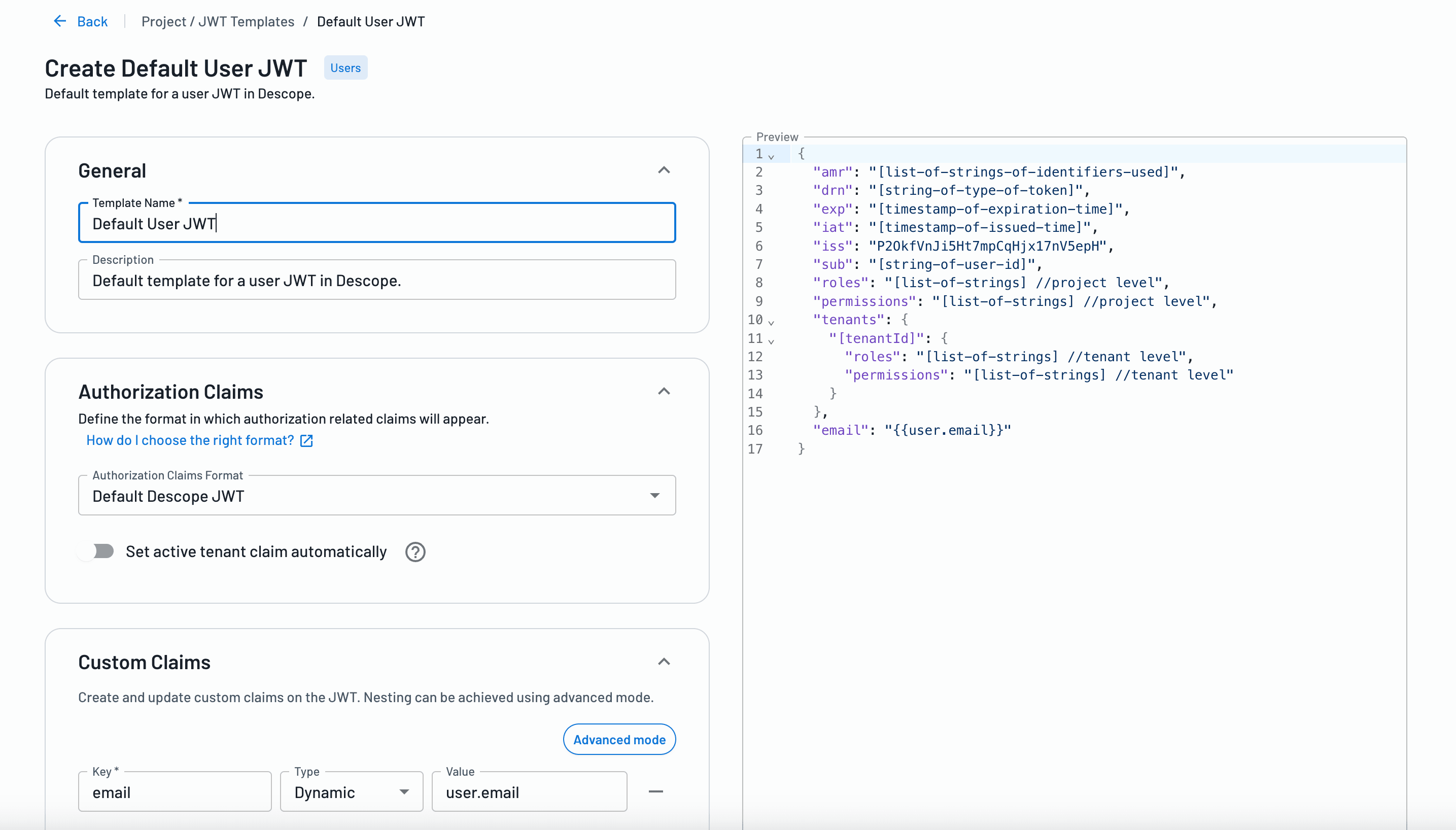 Example of the configurations available within the Default User JWT template in Descope