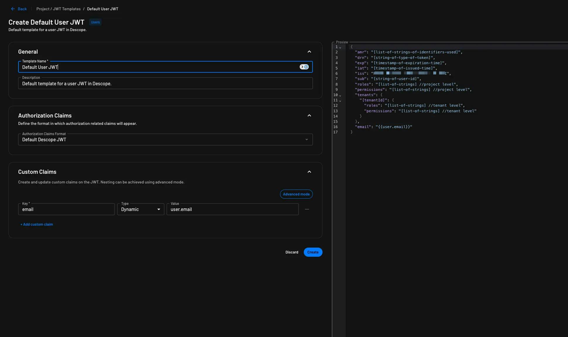 Example of the configurations available within the Hasura JWT template in Descope