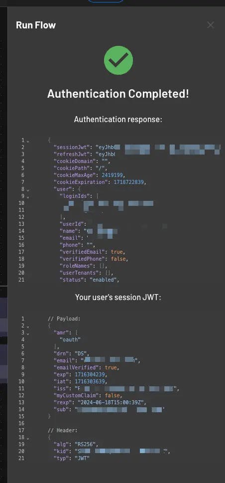 Test the configured user JWT template within Descope flow runner