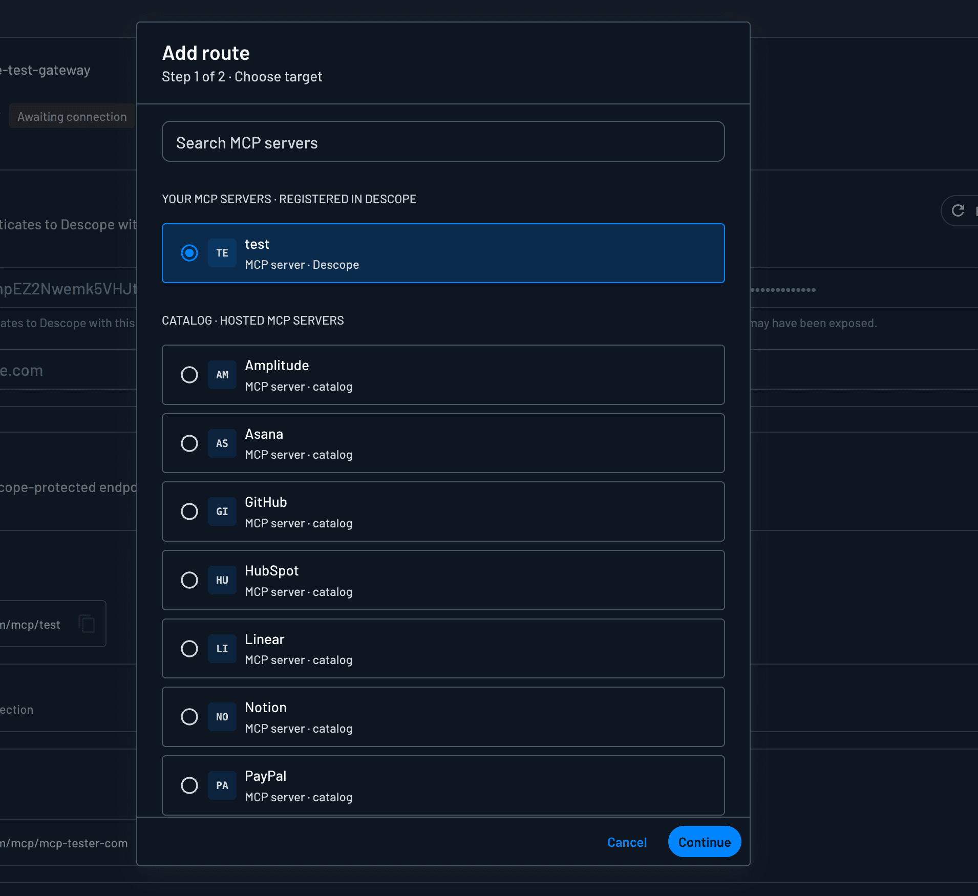 Add route, choosing a target