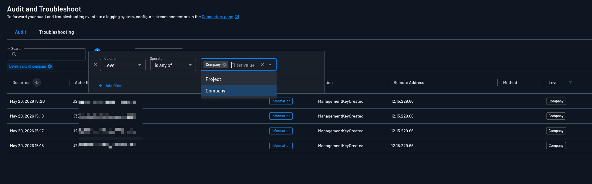 Company Level Audit Search
