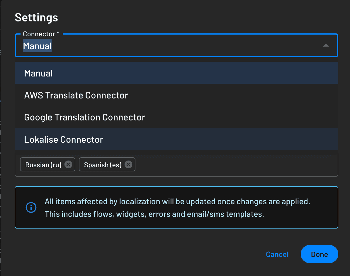 Selecting a configured connector for localization of a flow in Descope