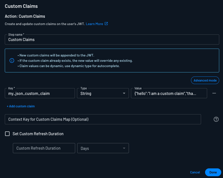 Example of a custom claims action with nested JSON